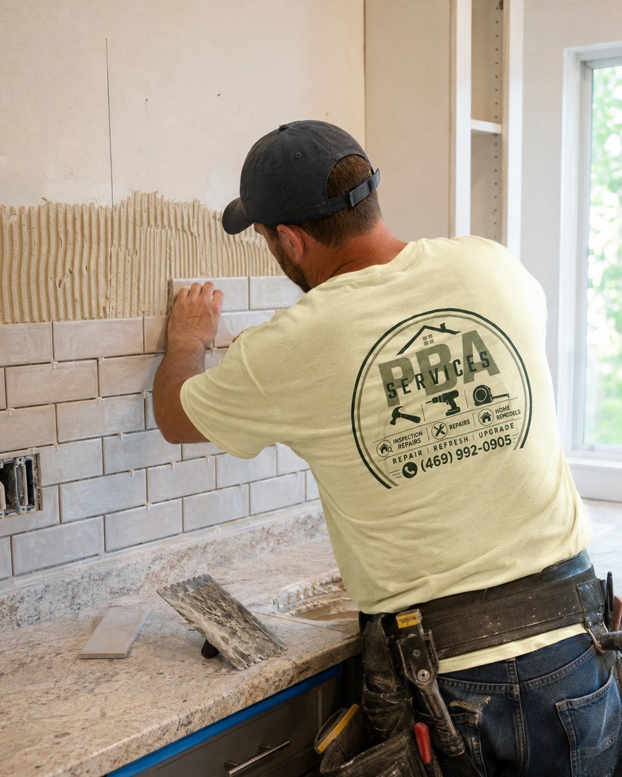 PBA Services installing tile backsplash in a Addison, TX kitchen