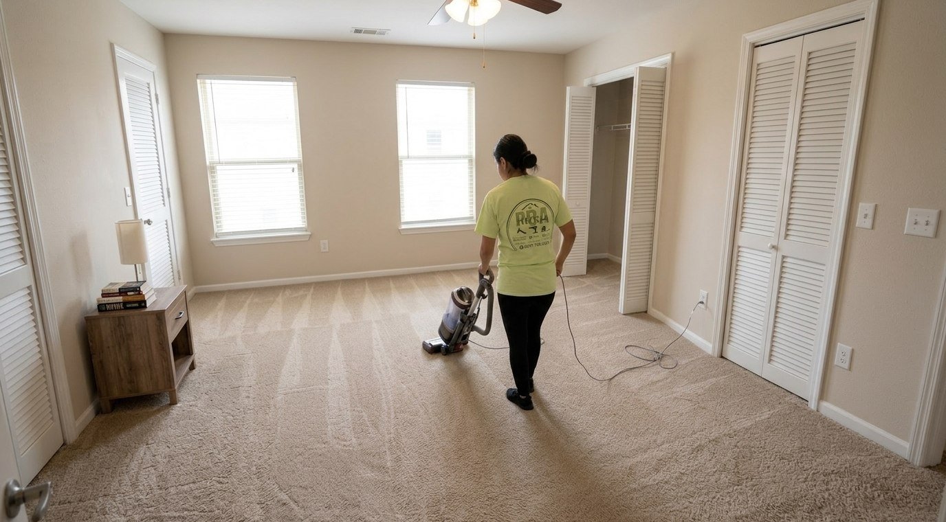 PBA Services team member vacuuming bedroom carpet during a make-ready cleaning in Dallas-Fort Worth