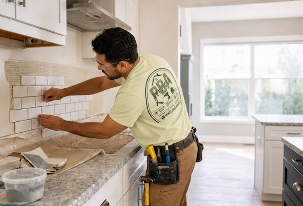 PBA Services technician installing a kitchen tile backsplash in a Dallas-Fort Worth home
