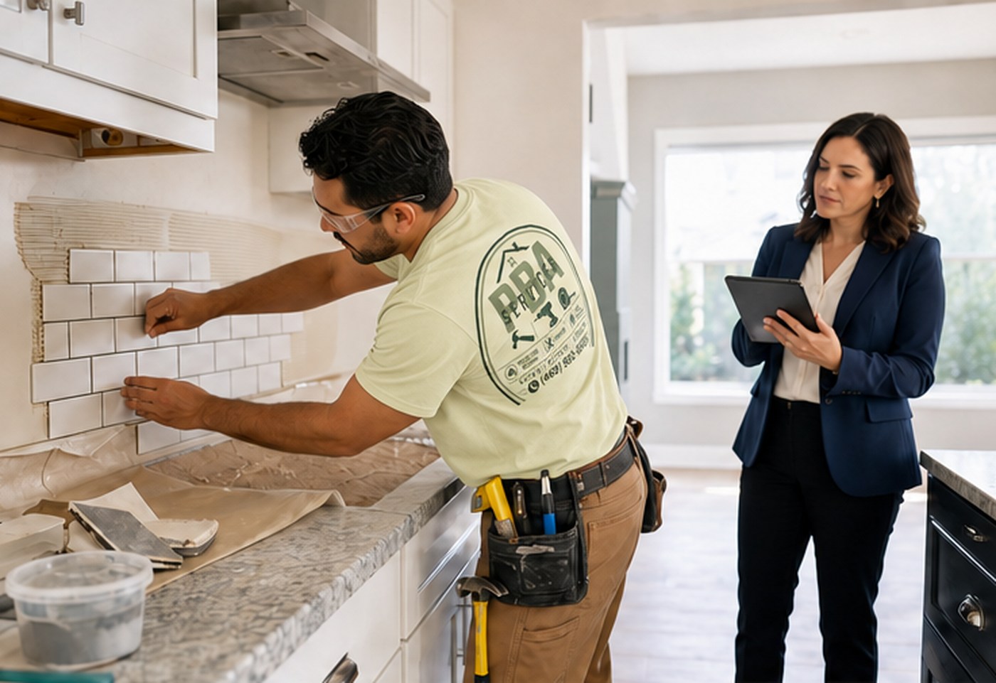 PBA Services technician installing a kitchen backsplash while a real estate professional reviews the work in a Dallas-Fort Worth home