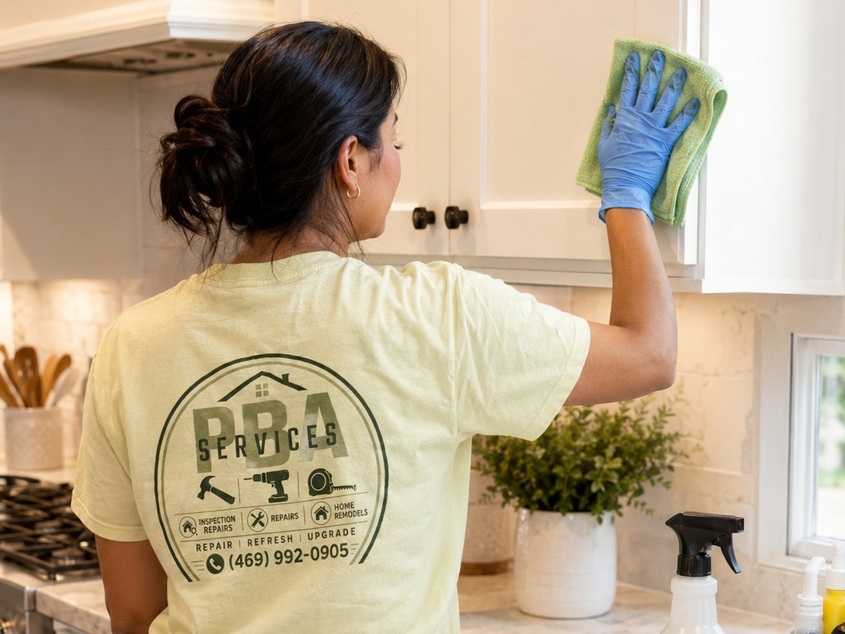 PBA Services team member deep cleaning kitchen cabinets in a Dallas-Fort Worth home