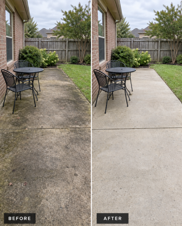 Before and after photos of a patio power washed clean