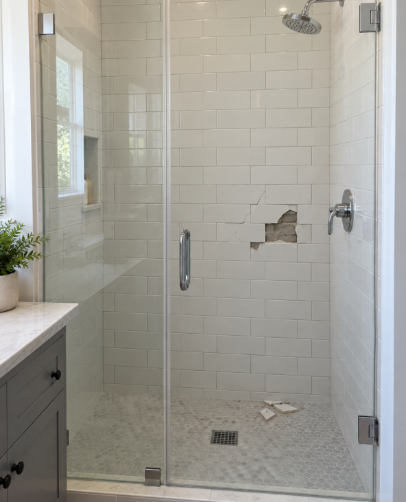 Cracked and missing tile in a shower wall
