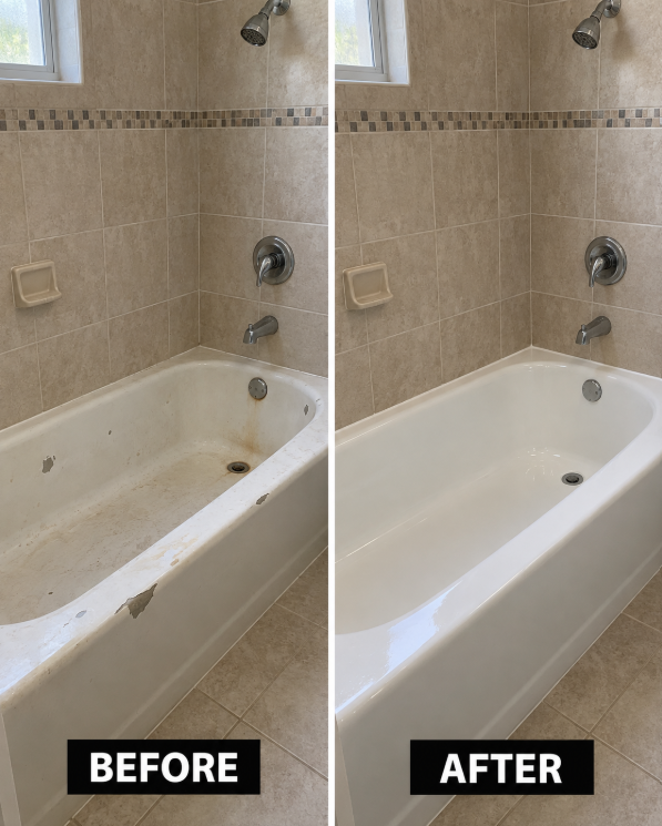 Before and after photos of a stained bathtub professionally resurfaced