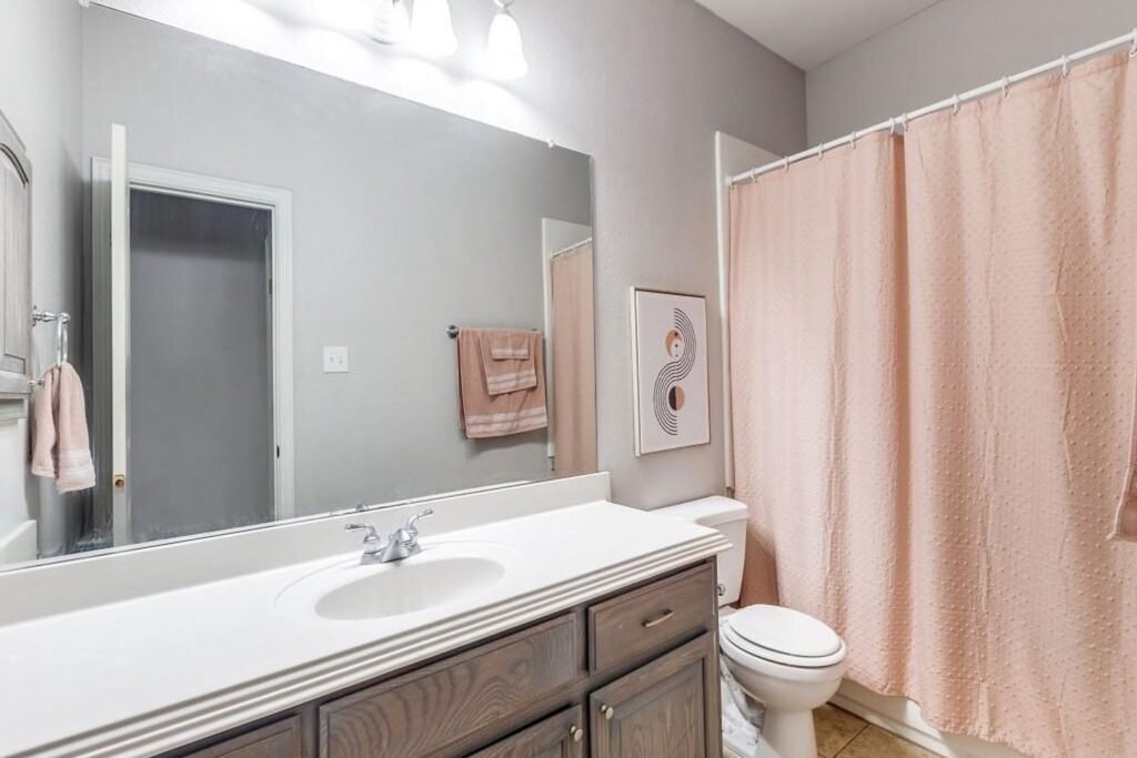Hall bathroom before painting with dated gray walls and shower curtain
